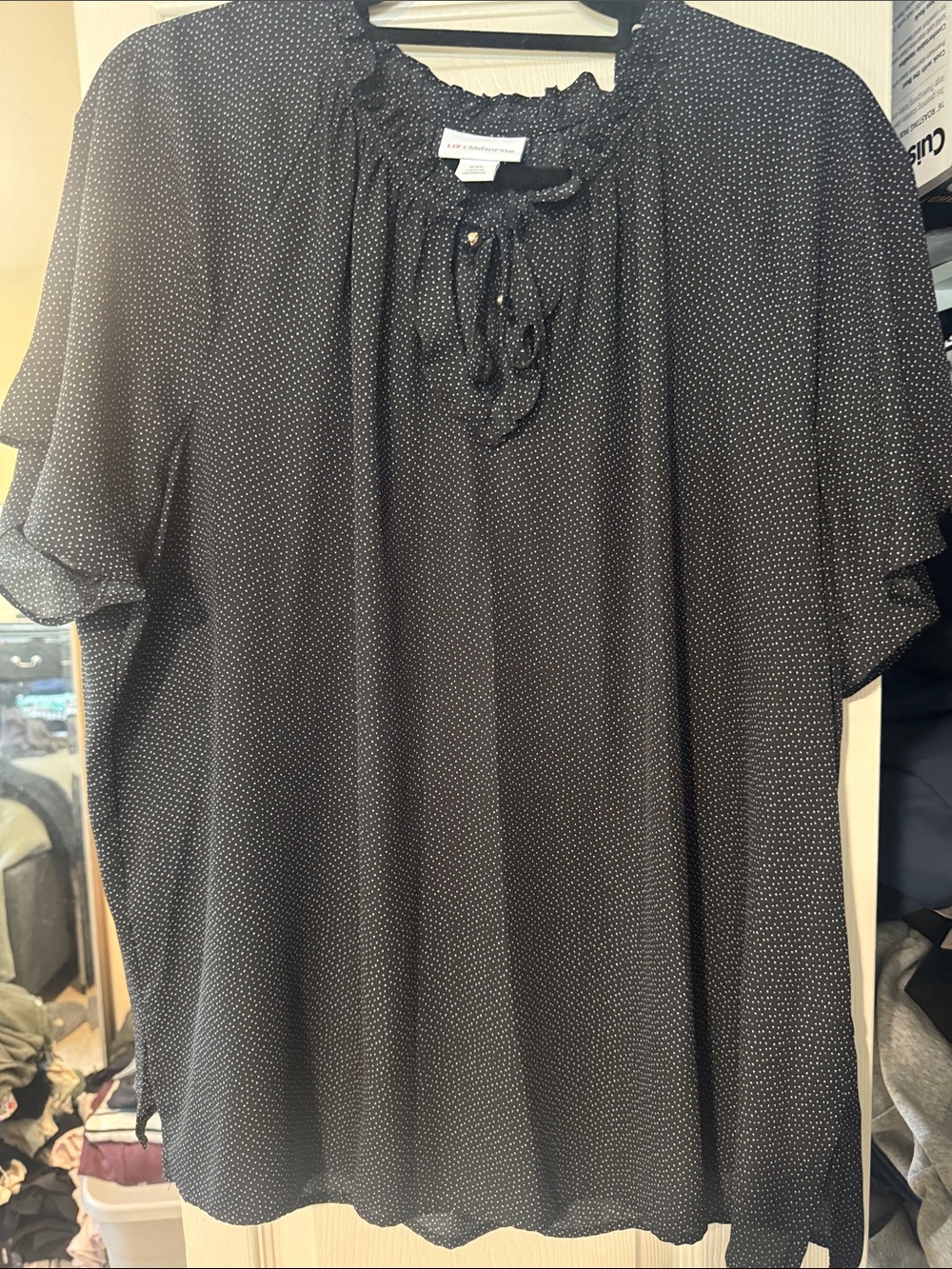 Liz Claiborne Black Microdot Ruffle-Tie Blouse